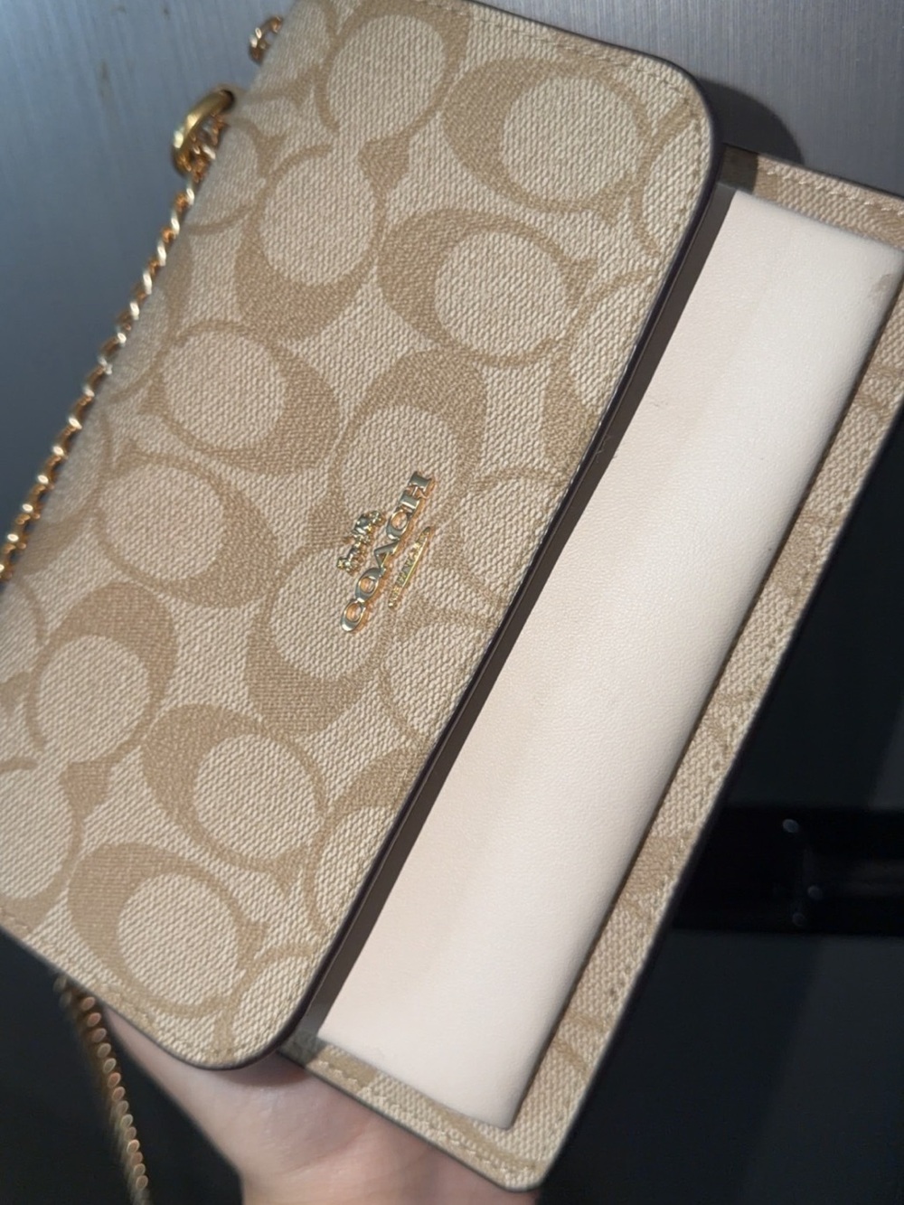 Coach Signature Canvas Crossbody in Beige and Cream with Gold Hardware